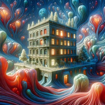The primary subject of the image is a large, multi-story building with many windows. The building is situated in a vibrant, colorful environment, which includes a variety of trees and a blue sky. The visual style of the image is digital art, as it appears to be a painting or drawing created using digital tools. The colors and mood of the image are lively and energetic, with a mix of reds, blues, and greens that create a sense of movement and dynamism.